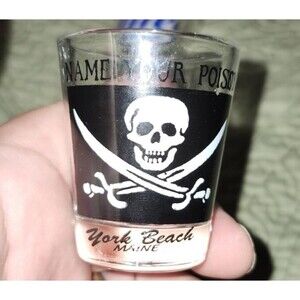 York Beach Maine Pirate Shot Glass Name Your Poison Skull Crossbones 2oz